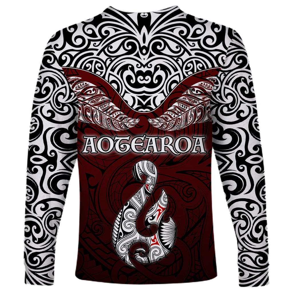 Aotearoa New Zealand Long Sleeve Shirt Silver Fern and Matau with Maori Tribal Red Style LT03 - Polynesian Pride