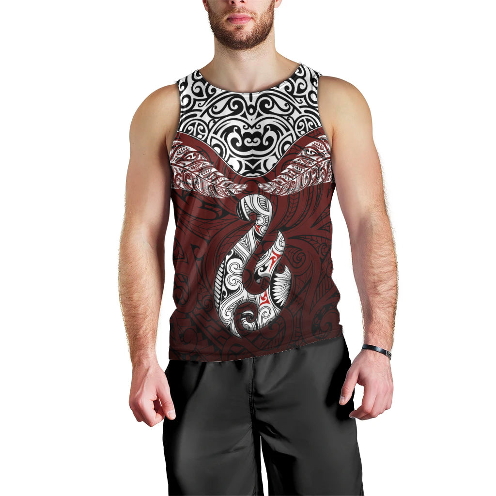 Aotearoa New Zealand Men Tank Top Silver Fern and Matau with Maori Tribal Red Style LT03 - Polynesian Pride