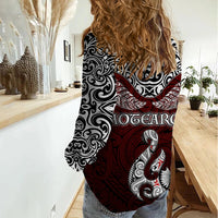 Aotearoa New Zealand Women Casual Shirt Silver Fern and Matau with Maori Tribal Red Style LT03 - Polynesian Pride