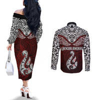 Custom Aotearoa New Zealand Couples Matching Off The Shoulder Long Sleeve Dress and Long Sleeve Button Shirts Silver Fern and Matau with Maori Tribal Red Style LT03 - Polynesian Pride