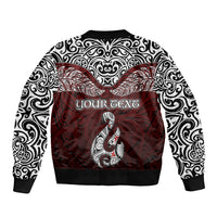 Custom Aotearoa New Zealand Sleeve Zip Bomber Jacket Silver Fern and Matau with Maori Tribal Red Style LT03 - Polynesian Pride
