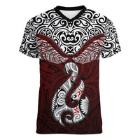 Custom Aotearoa New Zealand Women V Neck T Shirt Silver Fern and Matau with Maori Tribal Red Style LT03 Female Red - Polynesian Pride