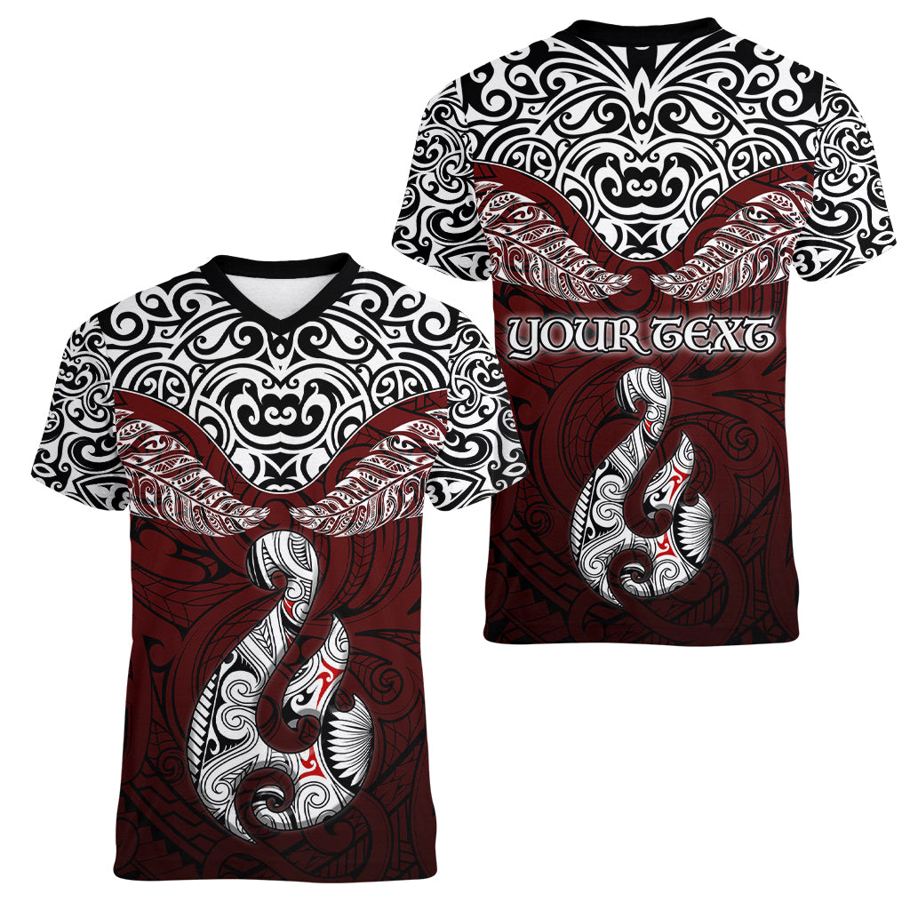 Custom Aotearoa New Zealand Women V Neck T Shirt Silver Fern and Matau with Maori Tribal Red Style LT03 - Polynesian Pride