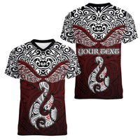 Custom Aotearoa New Zealand Women V Neck T Shirt Silver Fern and Matau with Maori Tribal Red Style LT03 - Polynesian Pride
