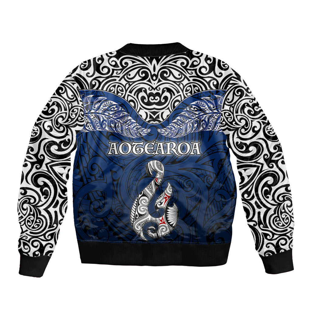 Aotearoa New Zealand Bomber Jacket Silver Fern and Matau with Maori Tribal Blue Style LT03 - Polynesian Pride