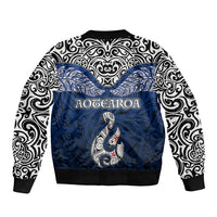 Aotearoa New Zealand Bomber Jacket Silver Fern and Matau with Maori Tribal Blue Style LT03 - Polynesian Pride