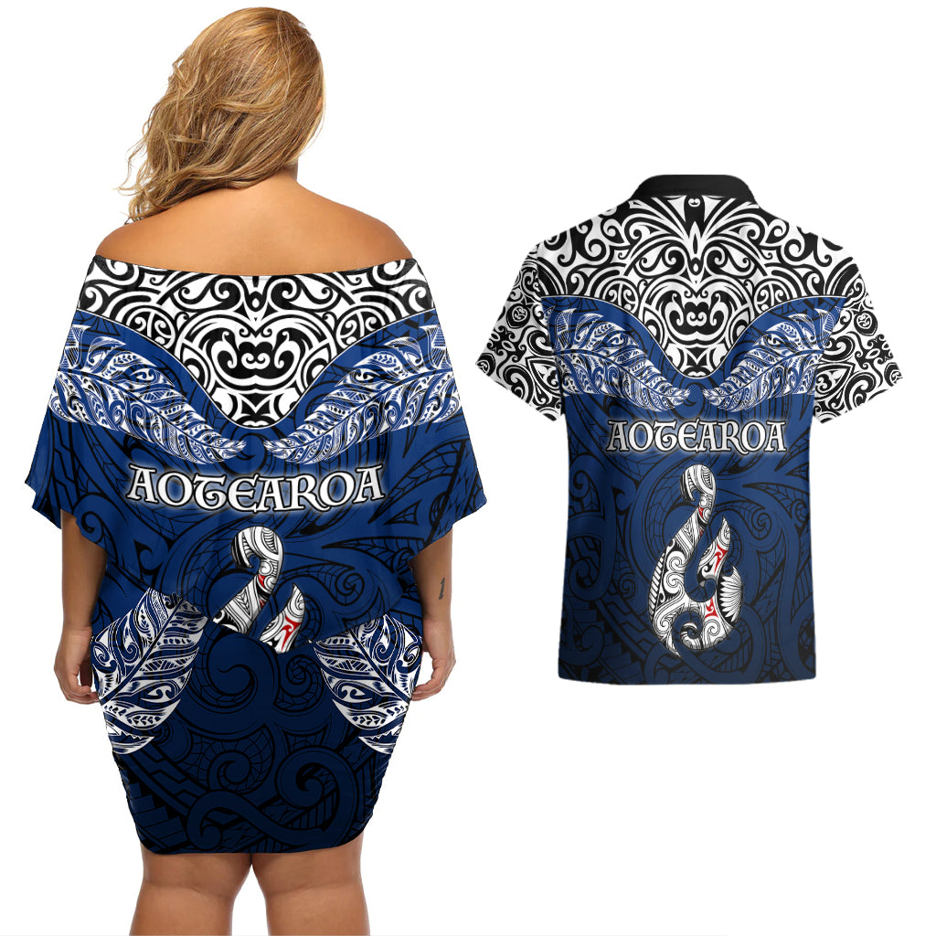 Aotearoa New Zealand Couples Matching Off Shoulder Short Dress and Hawaiian Shirt Silver Fern and Matau with Maori Tribal Blue Style LT03 - Polynesian Pride