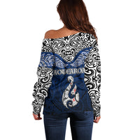 Aotearoa New Zealand Off Shoulder Sweater Silver Fern and Matau with Maori Tribal Blue Style LT03 - Polynesian Pride