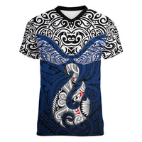 Aotearoa New Zealand Women V Neck T Shirt Silver Fern and Matau with Maori Tribal Blue Style LT03 Female Blue - Polynesian Pride