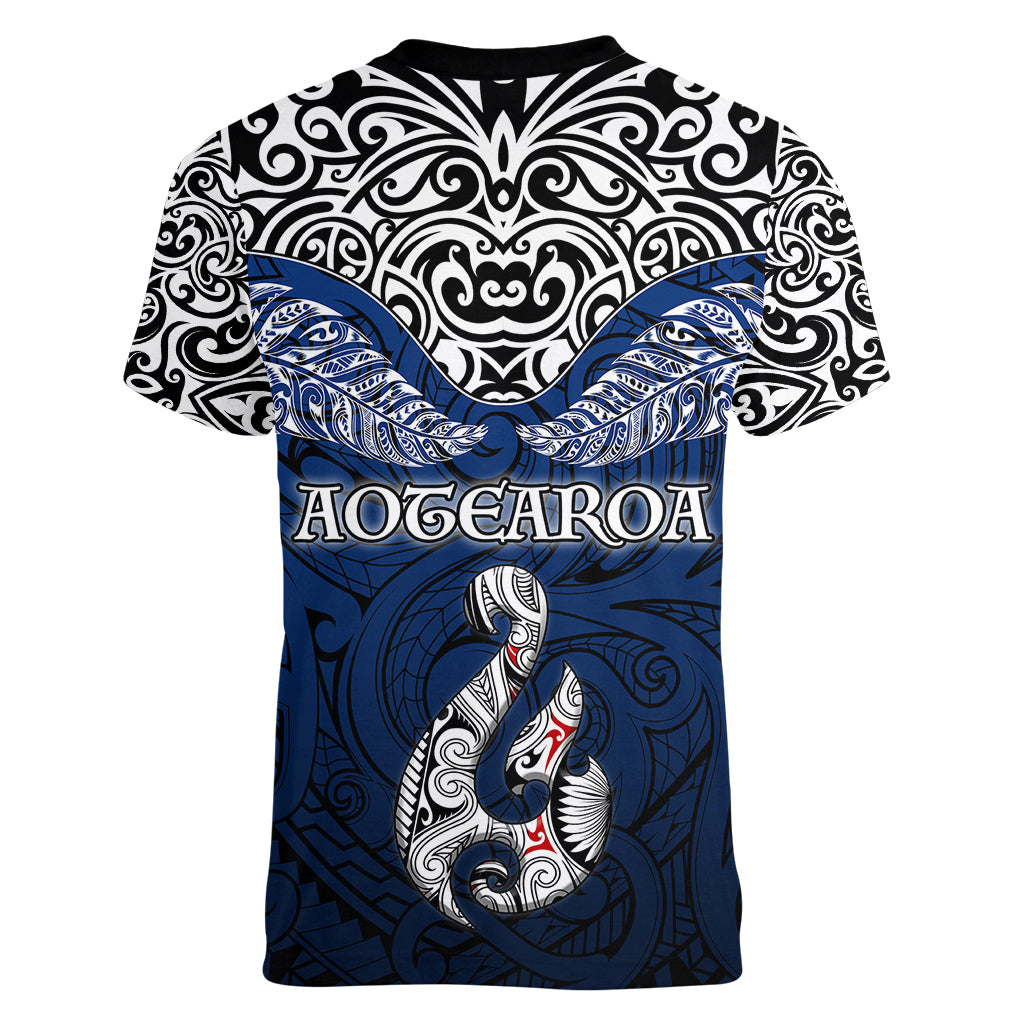 Aotearoa New Zealand Women V Neck T Shirt Silver Fern and Matau with Maori Tribal Blue Style LT03 - Polynesian Pride
