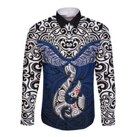Custom Aotearoa New Zealand Long Sleeve Button Shirt Silver Fern and Matau with Maori Tribal Blue Style LT03 Unisex Blue - Polynesian Pride