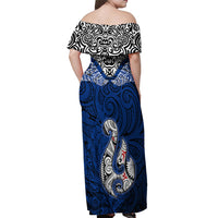 Custom Aotearoa New Zealand Off Shoulder Maxi Dress Silver Fern and Matau with Maori Tribal Blue Style LT03 - Polynesian Pride