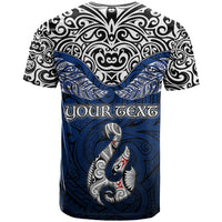 Custom Aotearoa New Zealand T Shirt Silver Fern and Matau with Maori Tribal Blue Style LT03 - Polynesian Pride