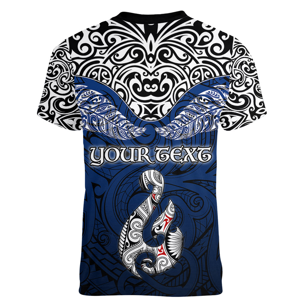 Custom Aotearoa New Zealand Women V Neck T Shirt Silver Fern and Matau with Maori Tribal Blue Style LT03 - Polynesian Pride