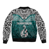 Aotearoa New Zealand Bomber Jacket Silver Fern and Matau with Maori Tribal Turquoise Style LT03 - Polynesian Pride