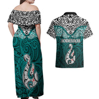 Aotearoa New Zealand Couples Matching Off Shoulder Maxi Dress and Hawaiian Shirt Silver Fern and Matau with Maori Tribal Turquoise Style LT03 - Polynesian Pride