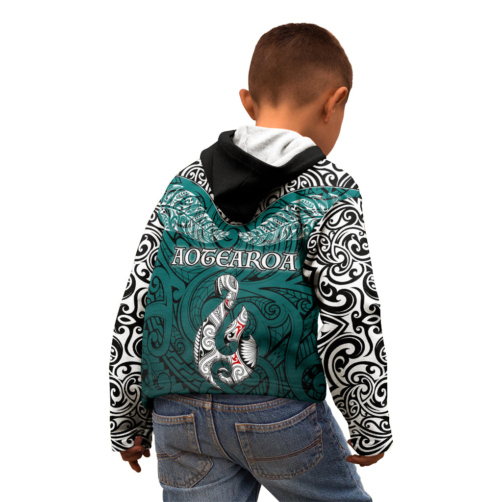 Aotearoa New Zealand Kid Hoodie Silver Fern and Matau with Maori Tribal Turquoise Style LT03 - Polynesian Pride