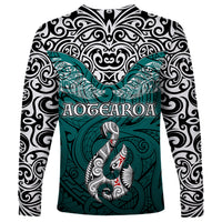Aotearoa New Zealand Long Sleeve Shirt Silver Fern and Matau with Maori Tribal Turquoise Style LT03 - Polynesian Pride