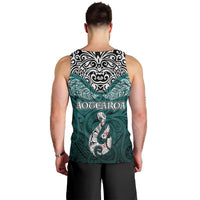 Aotearoa New Zealand Men Tank Top Silver Fern and Matau with Maori Tribal Turquoise Style LT03 - Polynesian Pride