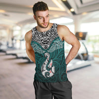 Aotearoa New Zealand Men Tank Top Silver Fern and Matau with Maori Tribal Turquoise Style LT03 - Polynesian Pride