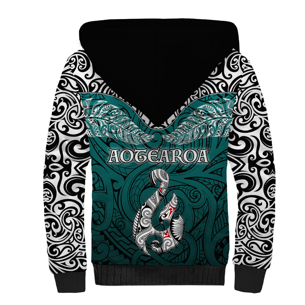 Aotearoa New Zealand Sherpa Hoodie Silver Fern and Matau with Maori Tribal Turquoise Style LT03 - Polynesian Pride