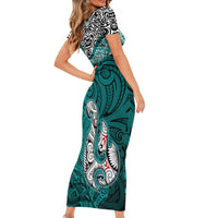Aotearoa New Zealand Short Sleeve Bodycon Dress Silver Fern and Matau with Maori Tribal Turquoise Style LT03 - Polynesian Pride