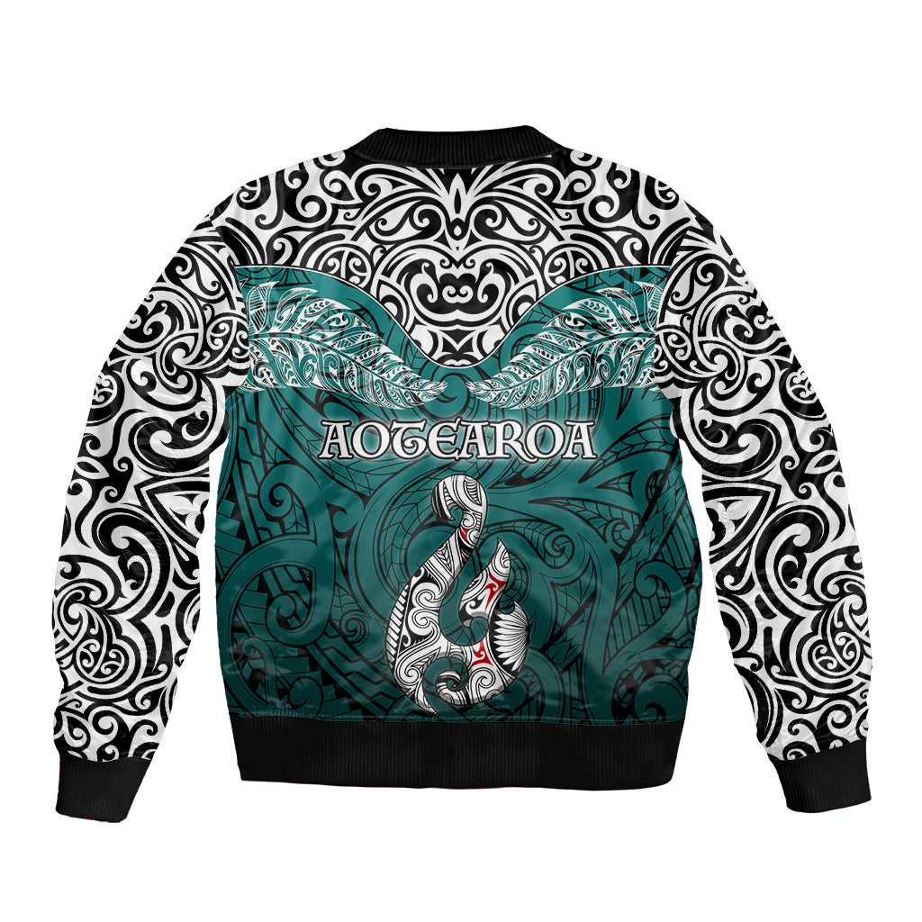 Aotearoa New Zealand Sleeve Zip Bomber Jacket Silver Fern and Matau with Maori Tribal Turquoise Style LT03 - Polynesian Pride