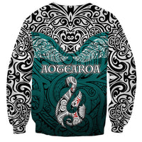 Aotearoa New Zealand Sweatshirt Silver Fern and Matau with Maori Tribal Turquoise Style LT03 - Polynesian Pride