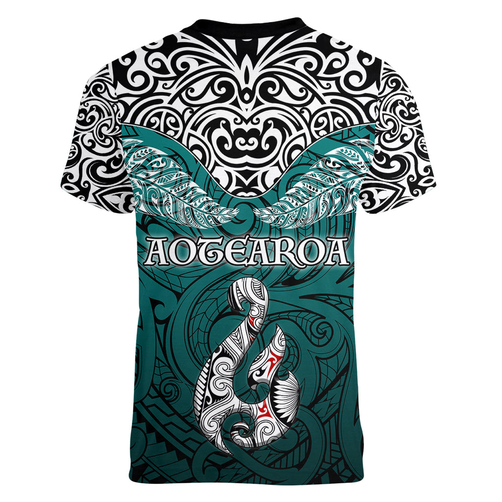 Aotearoa New Zealand Women V Neck T Shirt Silver Fern and Matau with Maori Tribal Turquoise Style LT03 - Polynesian Pride