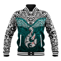 Custom Aotearoa New Zealand Baseball Jacket Silver Fern and Matau with Maori Tribal Turquoise Style LT03 Unisex Turquoise - Polynesian Pride