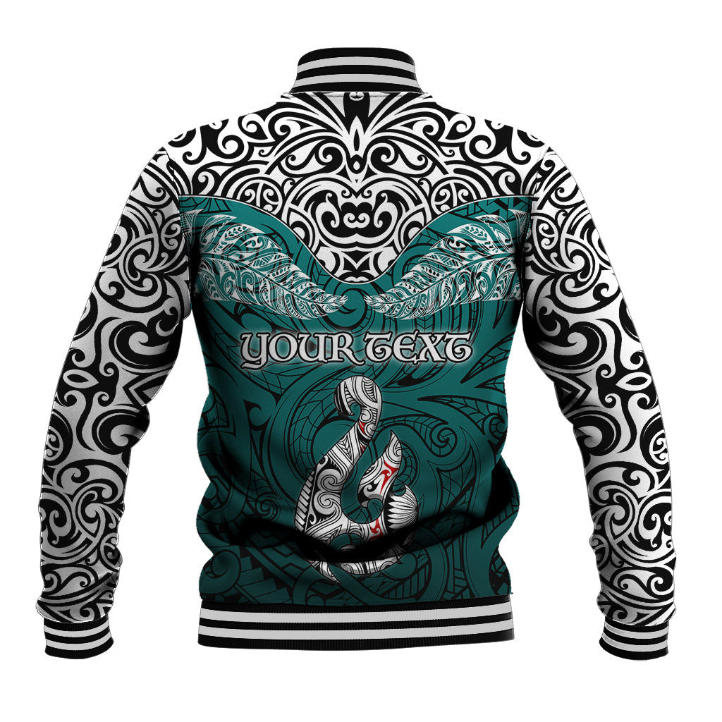 Custom Aotearoa New Zealand Baseball Jacket Silver Fern and Matau with Maori Tribal Turquoise Style LT03 - Polynesian Pride