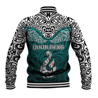 Custom Aotearoa New Zealand Baseball Jacket Silver Fern and Matau with Maori Tribal Turquoise Style LT03 - Polynesian Pride