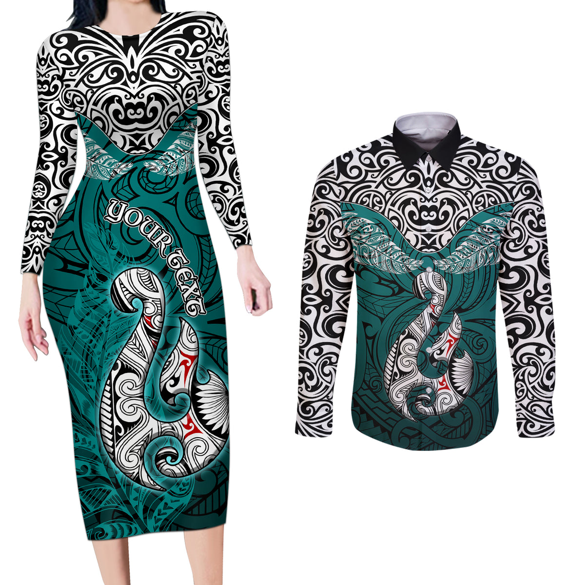 Custom Aotearoa New Zealand Couples Matching Long Sleeve Bodycon Dress and Long Sleeve Button Shirts Silver Fern and Matau with Maori Tribal Turquoise Style LT03 Turquoise - Polynesian Pride