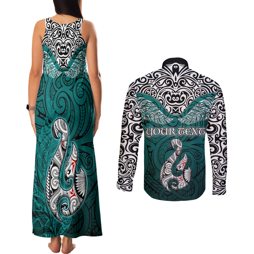 Custom Aotearoa New Zealand Couples Matching Tank Maxi Dress and Long Sleeve Button Shirts Silver Fern and Matau with Maori Tribal Turquoise Style LT03 - Polynesian Pride
