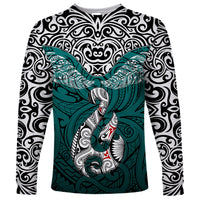Custom Aotearoa New Zealand Long Sleeve Shirt Silver Fern and Matau with Maori Tribal Turquoise Style LT03 Unisex Turquoise - Polynesian Pride