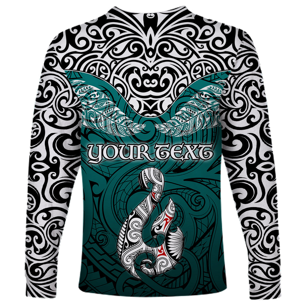 Custom Aotearoa New Zealand Long Sleeve Shirt Silver Fern and Matau with Maori Tribal Turquoise Style LT03 - Polynesian Pride
