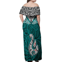 Custom Aotearoa New Zealand Off Shoulder Maxi Dress Silver Fern and Matau with Maori Tribal Turquoise Style LT03 - Polynesian Pride