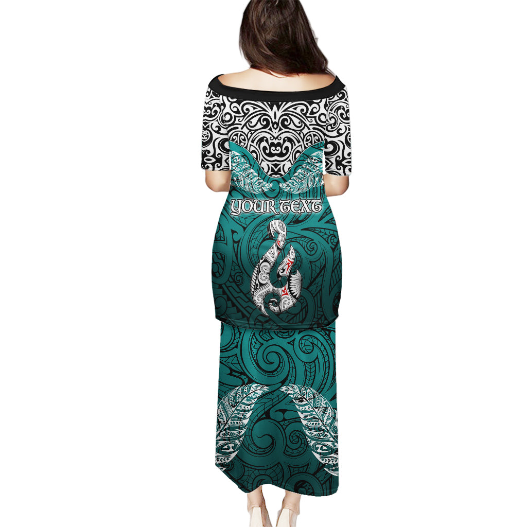 Custom Aotearoa New Zealand Puletasi Silver Fern and Matau with Maori Tribal Turquoise Style LT03 - Polynesian Pride