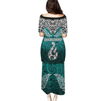 Custom Aotearoa New Zealand Puletasi Silver Fern and Matau with Maori Tribal Turquoise Style LT03 - Polynesian Pride