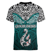 Custom Aotearoa New Zealand Women V Neck T Shirt Silver Fern and Matau with Maori Tribal Turquoise Style LT03 - Polynesian Pride