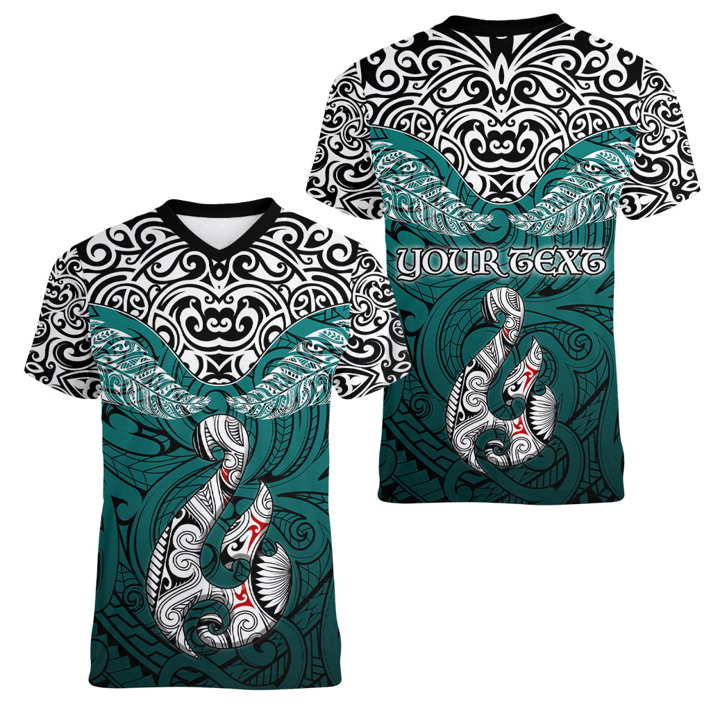 Custom Aotearoa New Zealand Women V Neck T Shirt Silver Fern and Matau with Maori Tribal Turquoise Style LT03 - Polynesian Pride