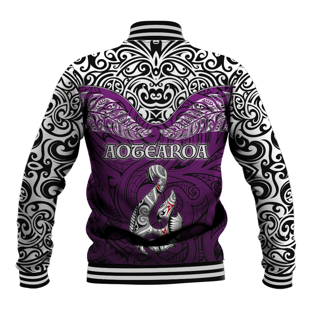 Aotearoa New Zealand Baseball Jacket Silver Fern and Matau with Maori Tribal Pink Style LT03 - Polynesian Pride