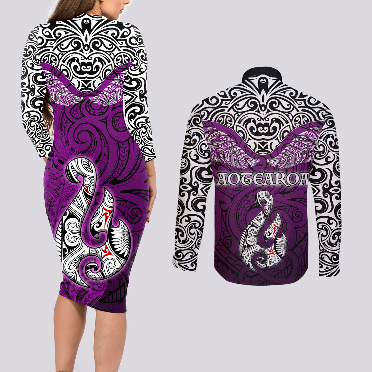 Aotearoa New Zealand Couples Matching Long Sleeve Bodycon Dress and Long Sleeve Button Shirts Silver Fern and Matau with Maori Tribal Pink Style LT03 - Polynesian Pride