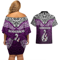 Aotearoa New Zealand Couples Matching Off Shoulder Short Dress and Hawaiian Shirt Silver Fern and Matau with Maori Tribal Pink Style LT03 - Polynesian Pride
