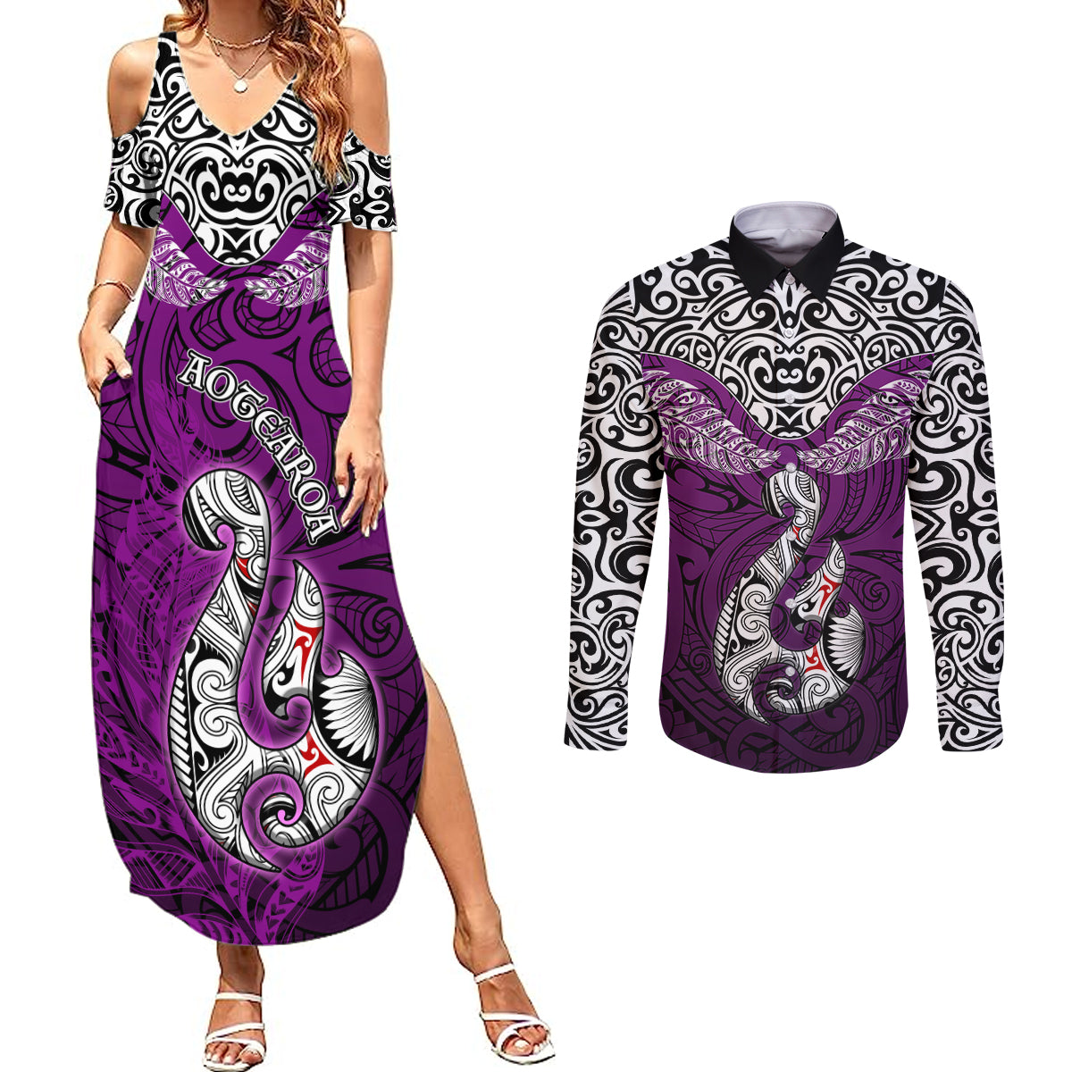 Aotearoa New Zealand Couples Matching Summer Maxi Dress and Long Sleeve Button Shirts Silver Fern and Matau with Maori Tribal Pink Style LT03 Pink - Polynesian Pride