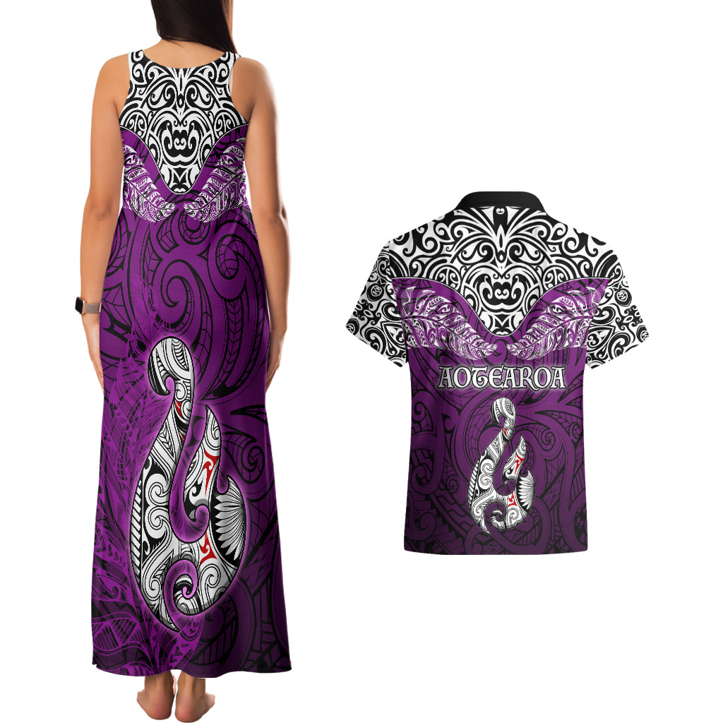 Aotearoa New Zealand Couples Matching Tank Maxi Dress and Hawaiian Shirt Silver Fern and Matau with Maori Tribal Pink Style LT03 - Polynesian Pride