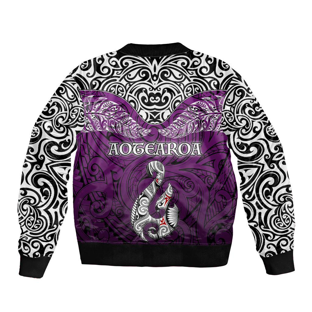 Aotearoa New Zealand Sleeve Zip Bomber Jacket Silver Fern and Matau with Maori Tribal Pink Style LT03 - Polynesian Pride