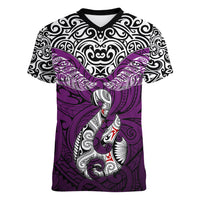 Aotearoa New Zealand Women V Neck T Shirt Silver Fern and Matau with Maori Tribal Pink Style LT03 Female Pink - Polynesian Pride