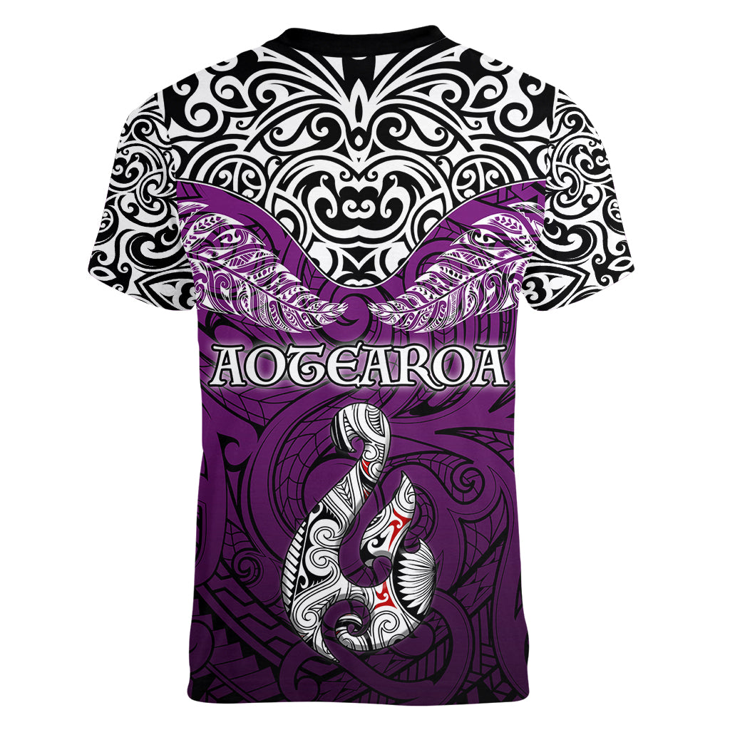 Aotearoa New Zealand Women V Neck T Shirt Silver Fern and Matau with Maori Tribal Pink Style LT03 - Polynesian Pride