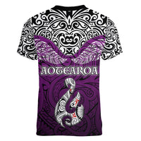 Aotearoa New Zealand Women V Neck T Shirt Silver Fern and Matau with Maori Tribal Pink Style LT03 - Polynesian Pride